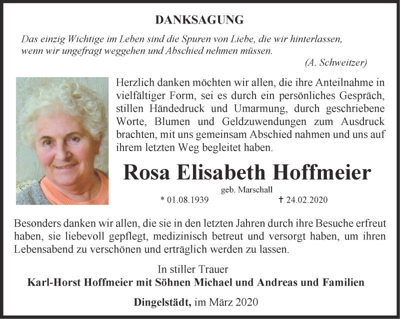Traueranzeigen von Rosa Elisabeth Hoffmeier | trauer-in-thueringen.de
