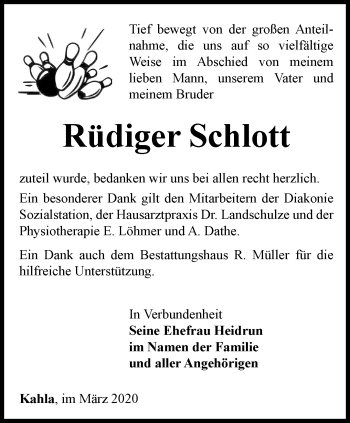 Traueranzeige von Rüdiger Schlott von Ostthüringer Zeitung, Thüringische Landeszeitung