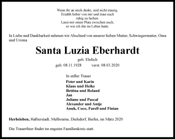 Traueranzeige von Santa Luzia Eberhardt von Thüringer Allgemeine, Thüringische Landeszeitung