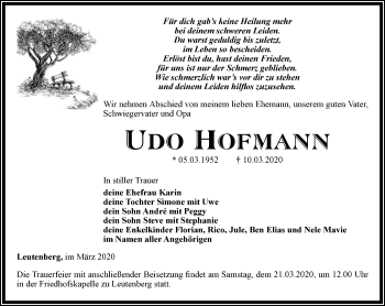 Traueranzeige von Udo Hofmann