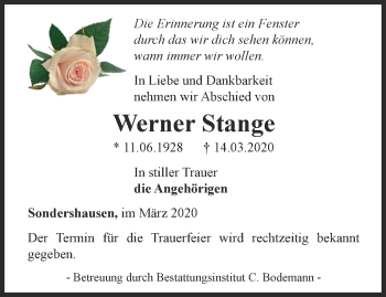 Traueranzeige von Werner Stange