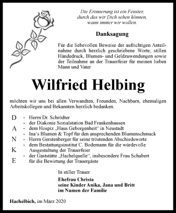 Traueranzeige von Wilfried Helbing