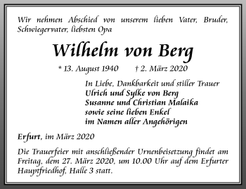 Traueranzeige von Wilhelm von Berg von Thüringer Allgemeine, Thüringische Landeszeitung