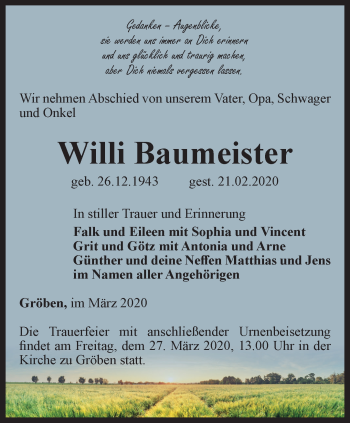 Traueranzeige von Willi Baumeister von Ostthüringer Zeitung