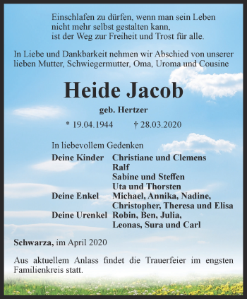 Traueranzeige von Heide Jacob von Thüringer Allgemeine, Thüringische Landeszeitung, Ostthüringer Zeitung