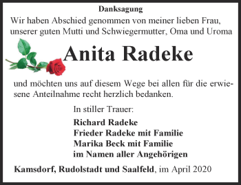 Traueranzeige von Anita Radeke von Ostthüringer Zeitung