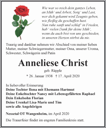 Traueranzeige von Anneliese Christ von Ostthüringer Zeitung, Thüringische Landeszeitung