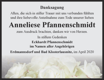 Traueranzeige von Anneliese Pfannenschmidt von Ostthüringer Zeitung