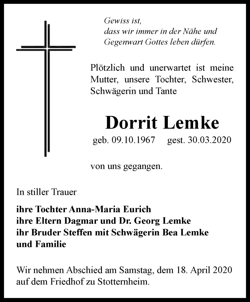  Traueranzeige für Dorrit Lemke vom 17.04.2020 aus Thüringer Allgemeine, Thüringische Landeszeitung