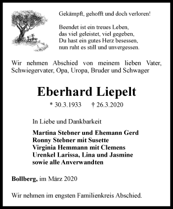 Traueranzeige von Eberhard Liepelt von Ostthüringer Zeitung