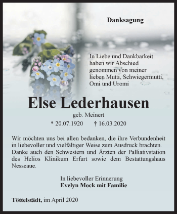 Traueranzeige von Else Lederhausen von Thüringer Allgemeine, Thüringische Landeszeitung