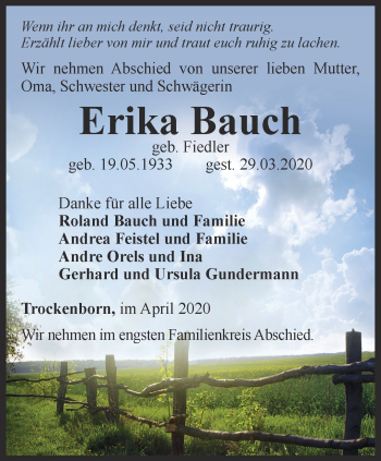 Traueranzeige von Erika Bauch von Ostthüringer Zeitung