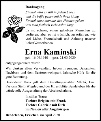 Traueranzeige von Erna Kaminski von Thüringer Allgemeine