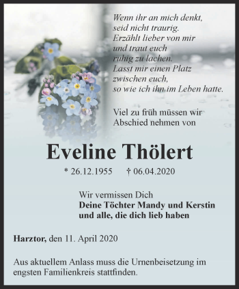 Traueranzeige von Eveline Thölert von Thüringer Allgemeine