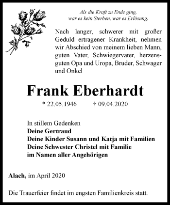 Traueranzeige von Frank Eberhardt von Thüringer Allgemeine, Thüringische Landeszeitung