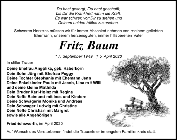 Traueranzeige von Fritz Baum von Ostthüringer Zeitung, Thüringische Landeszeitung