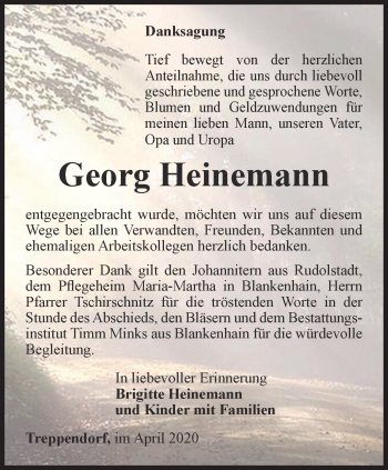 Traueranzeige von Georg Heinemann von Ostthüringer Zeitung