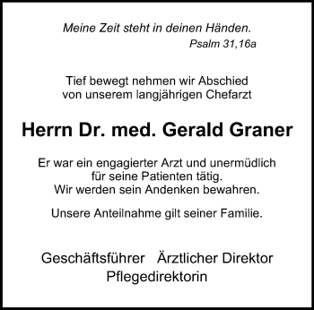 Traueranzeige von Gerald Graner von Thüringer Allgemeine, Thüringische Landeszeitung