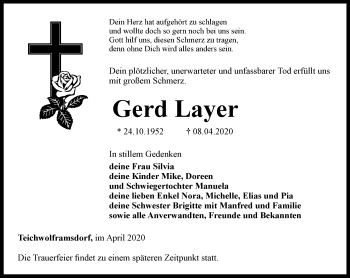 Traueranzeige von Gerd Layer von Ostthüringer Zeitung