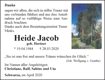 Traueranzeige von Heide Jacob von Thüringer Allgemeine, Thüringische Landeszeitung