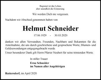 Traueranzeige von Helmut Schneider von Ostthüringer Zeitung