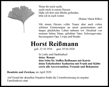 Traueranzeige von Horst Reißmann von Ostthüringer Zeitung