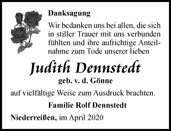 Traueranzeige von Judith Dennstedt von Thüringer Allgemeine, Thüringische Landeszeitung