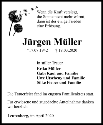 Traueranzeige von Jürgen Müller
