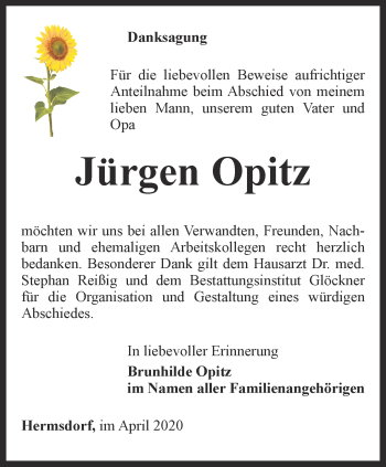 Traueranzeige von Jürgen Opitz von Ostthüringer Zeitung