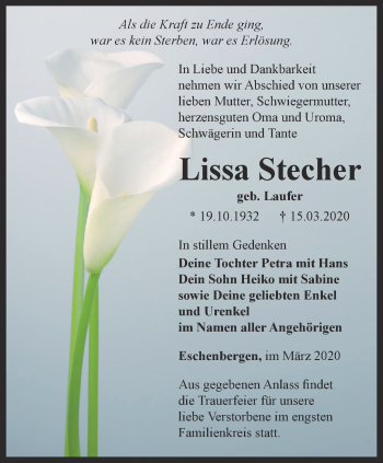 Traueranzeige von Lissa Stecher von Ostthüringer Zeitung, Thüringische Landeszeitung