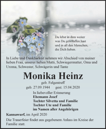 Traueranzeige von Monika Heinz von Thüringer Allgemeine