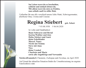Traueranzeige von Regina Stiebert von Ostthüringer Zeitung