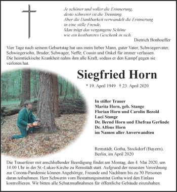 Traueranzeige von Siegfried Horn von Ostthüringer Zeitung, Thüringische Landeszeitung