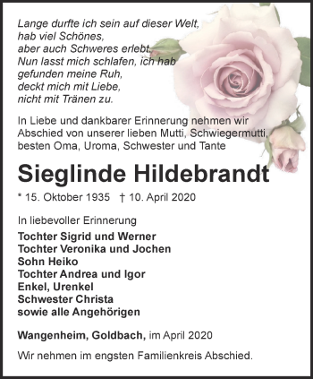 Traueranzeige von Sieglinde Hildebrandt von Ostthüringer Zeitung, Thüringische Landeszeitung