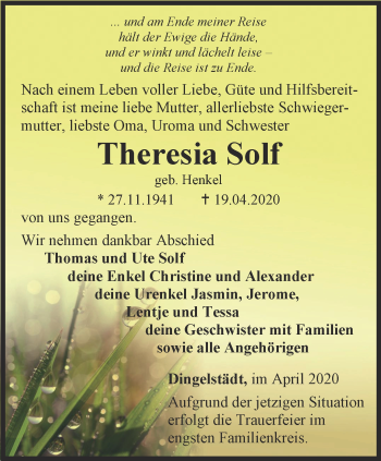 Traueranzeige von Theresia Solf von Thüringer Allgemeine