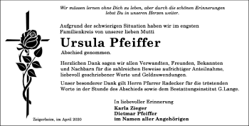 Traueranzeige von Ursula Pfeiffer von Ostthüringer Zeitung