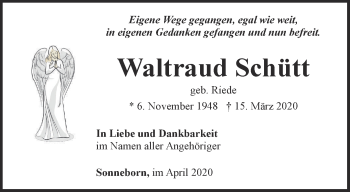 Traueranzeige von Waltraud Schütt von Ostthüringer Zeitung, Thüringische Landeszeitung