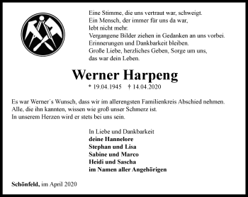 Traueranzeige von Werner Harpeng von Ostthüringer Zeitung