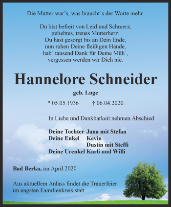 Traueranzeige von Hannelore Schneider von Thüringer Allgemeine, Thüringische Landeszeitung, Ostthüringer Zeitung