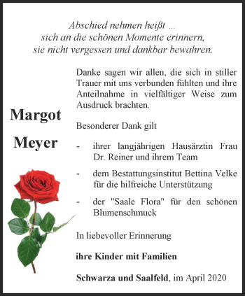 Traueranzeige von Margot Meyer von Thüringer Allgemeine, Thüringische Landeszeitung, Ostthüringer Zeitung