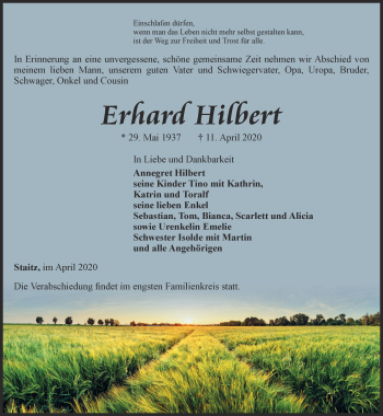 Traueranzeige von Erhard Hilbert von Thüringer Allgemeine, Thüringische Landeszeitung, Ostthüringer Zeitung