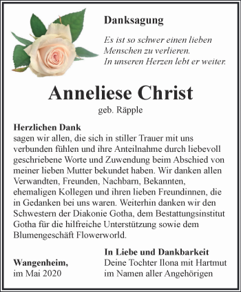 Traueranzeige von Anneliese Christ von Ostthüringer Zeitung, Thüringische Landeszeitung