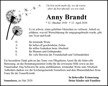 Traueranzeige von Anny Brandt von Ostthüringer Zeitung, Thüringische Landeszeitung