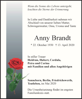 Traueranzeige von Anny Brandt von Ostthüringer Zeitung, Thüringische Landeszeitung