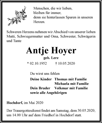 Traueranzeige von Antje Hoyer von Thüringer Allgemeine, Thüringische Landeszeitung