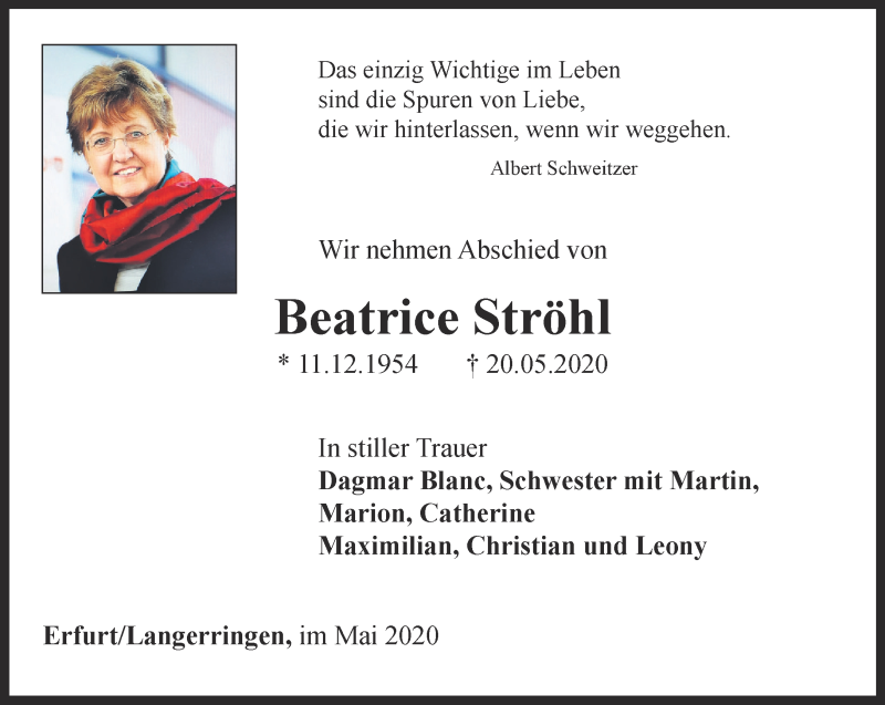  Traueranzeige für Beatrice Ströhl vom 23.05.2020 aus Thüringer Allgemeine, Thüringische Landeszeitung