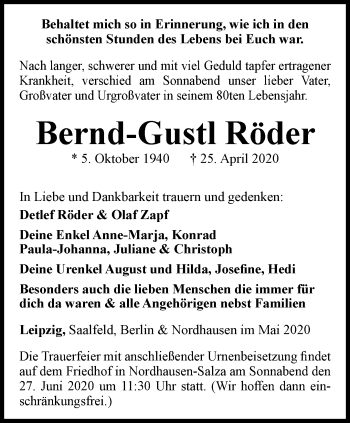 Traueranzeige von Bernd-Gustl Röder von Thüringer Allgemeine