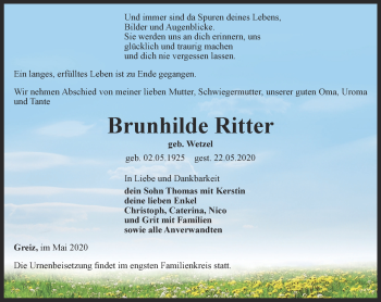 Traueranzeige von Brunhilde Ritter von Ostthüringer Zeitung