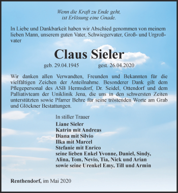 Traueranzeige von Claus Sieler von Ostthüringer Zeitung