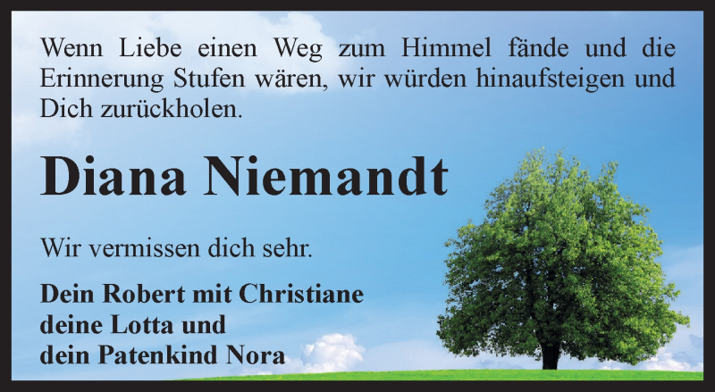  Traueranzeige für Diana Niemandt vom 16.05.2020 aus Thüringer Allgemeine, Thüringische Landeszeitung